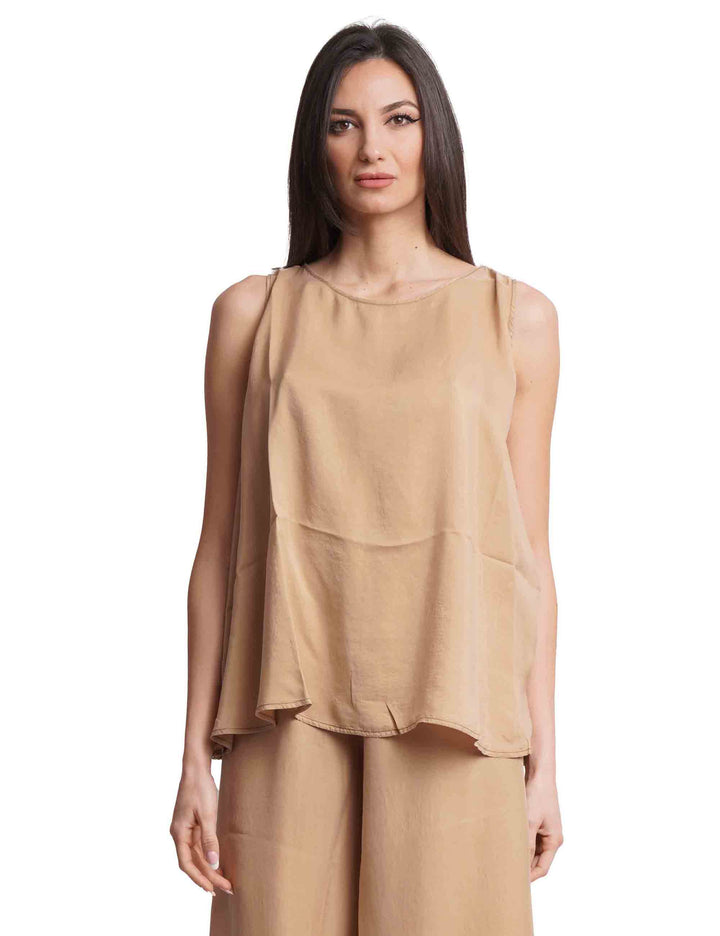 Spatarella Top donna in seta cammello largo al fondo In Vendita