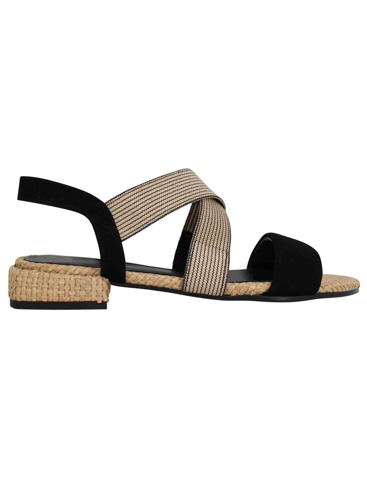Spatarella Sandali donna in tessuto beige e camoscio nero con tacco basso Saldi