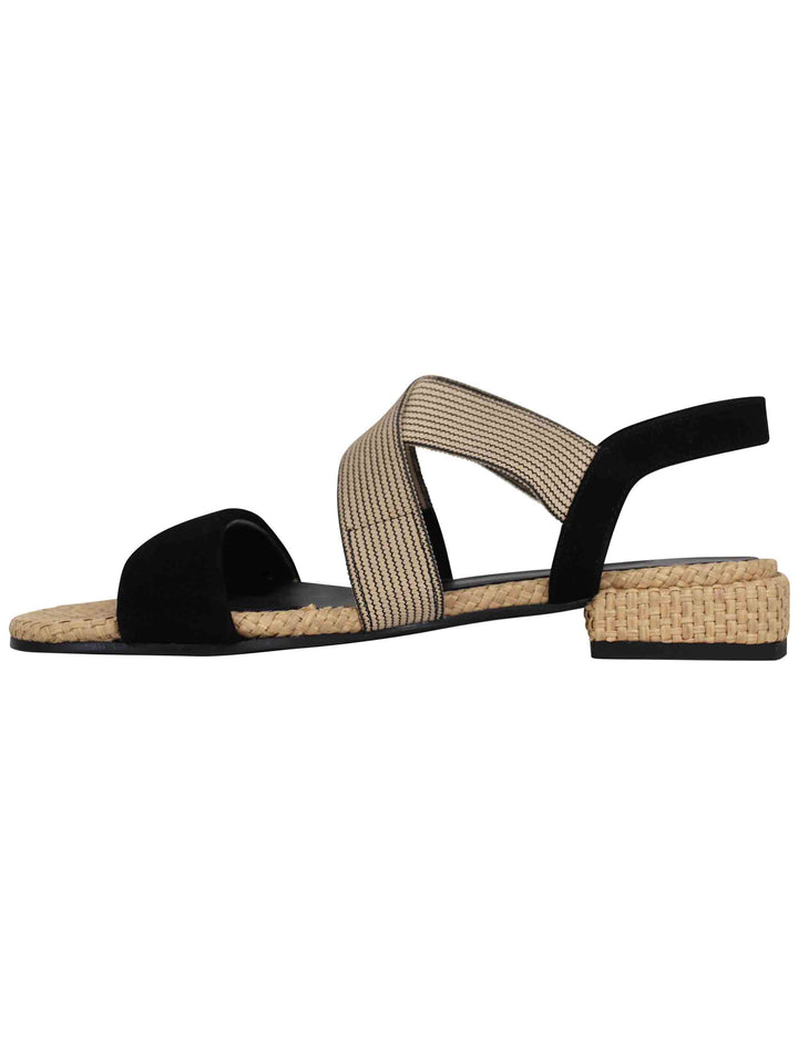 Spatarella Sandali donna in tessuto beige e camoscio nero con tacco basso Saldi