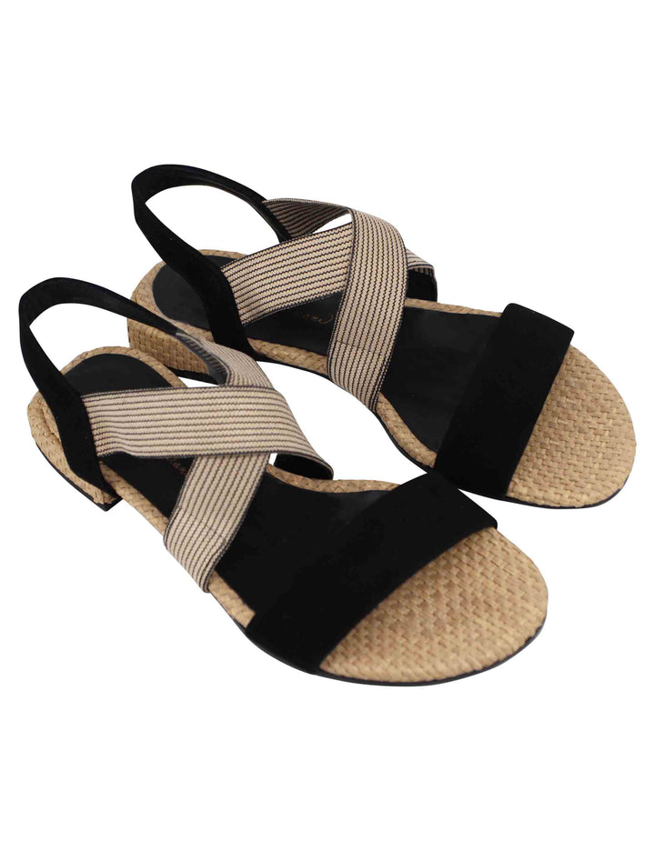 Spatarella Sandali donna in tessuto beige e camoscio nero con tacco basso Saldi