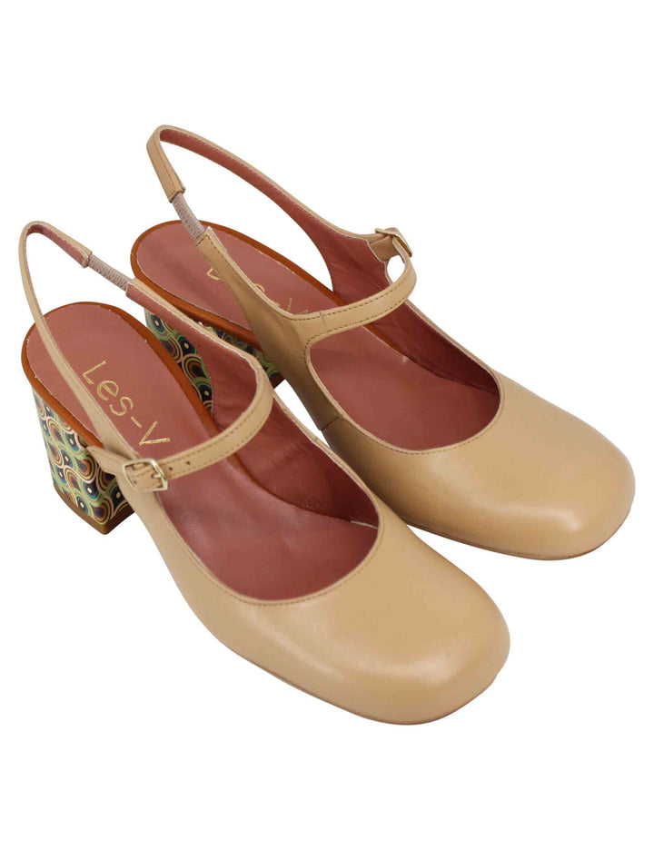 Spatarella Decollete sligback donna in pelle beige con punta tonda Saldi Di Fabbrica