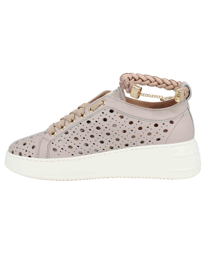 Spatarella Sneakers donna in pelle forata taupe con cavigliera in strass Vendite Flash