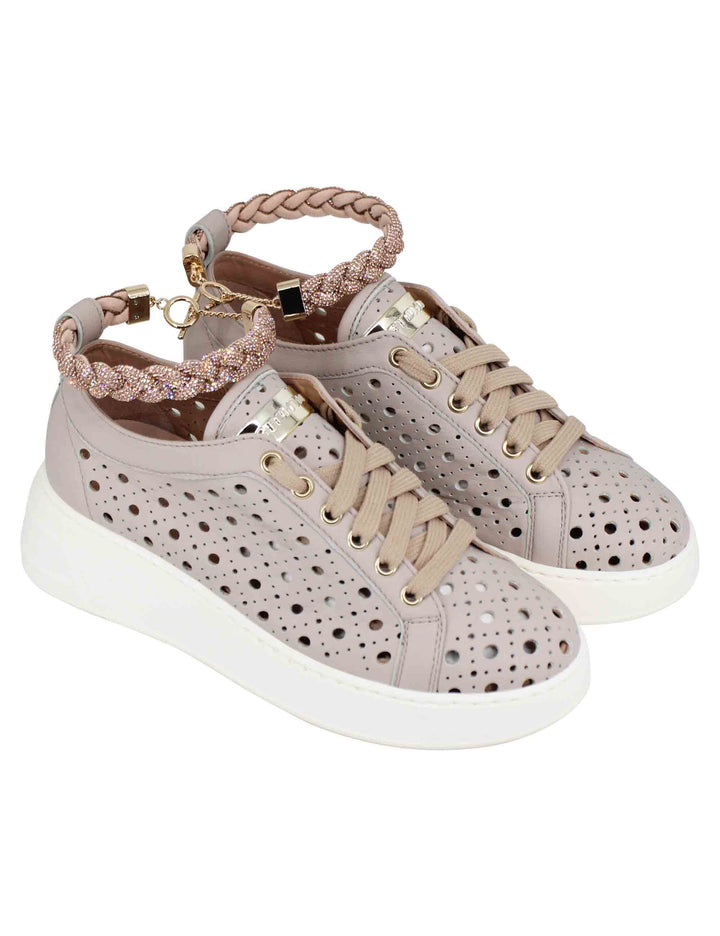 Spatarella Sneakers donna in pelle forata taupe con cavigliera in strass Vendite Flash