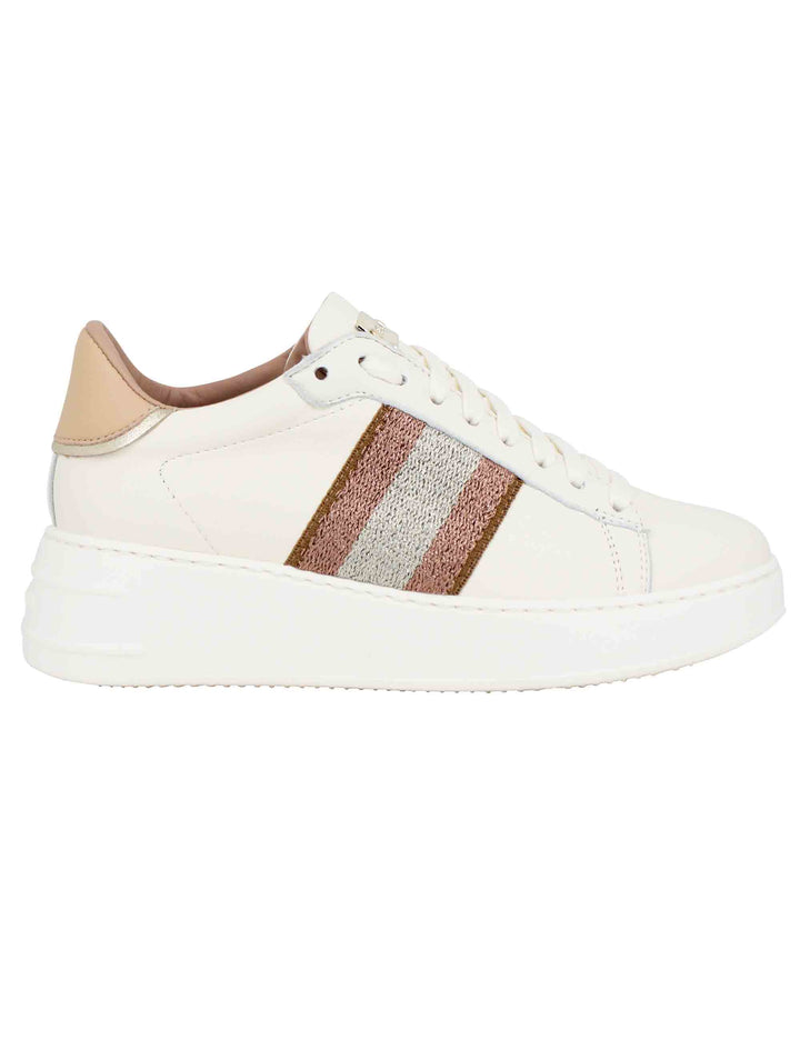 Spatarella Sneakers donna in pelle beige con banda laterale Vendita calda