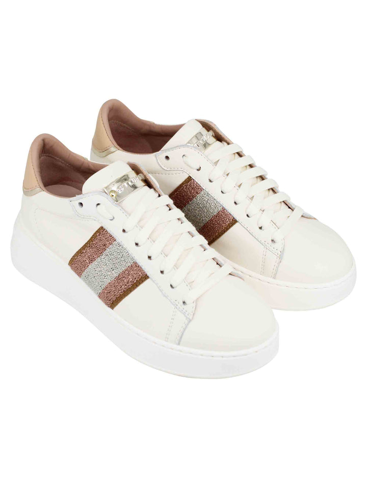Spatarella Sneakers donna in pelle beige con banda laterale Vendita calda