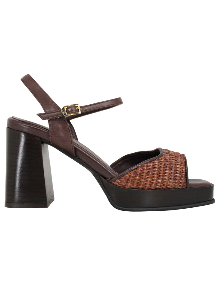 Spatarella Sandali donna in pelle e tessuto marrone con tacco punta quadra e cinturino alla caviglia Latest fashion