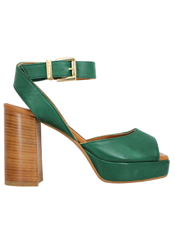 Spatarella Sandali donna in pelle verde con tacco alto in cuoio e plateau Offerta temporanea