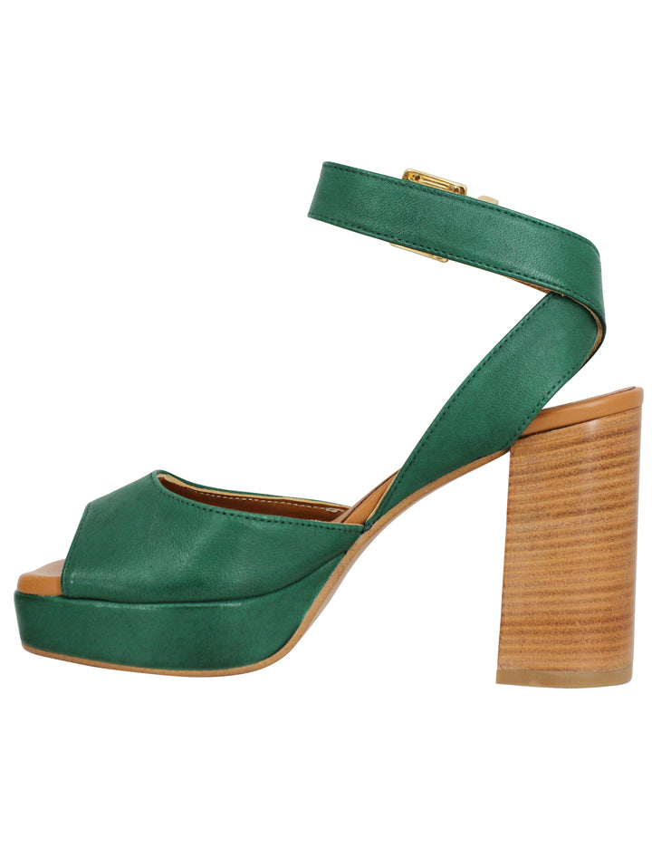 Spatarella Sandali donna in pelle verde con tacco alto in cuoio e plateau Offerta temporanea