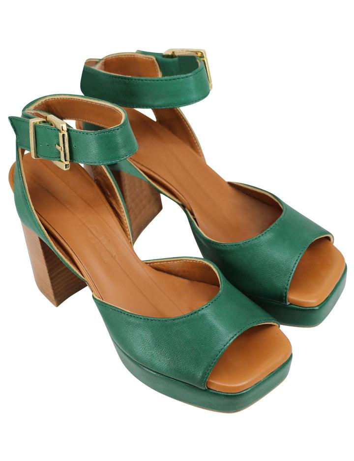 Spatarella Sandali donna in pelle verde con tacco alto in cuoio e plateau Offerta temporanea