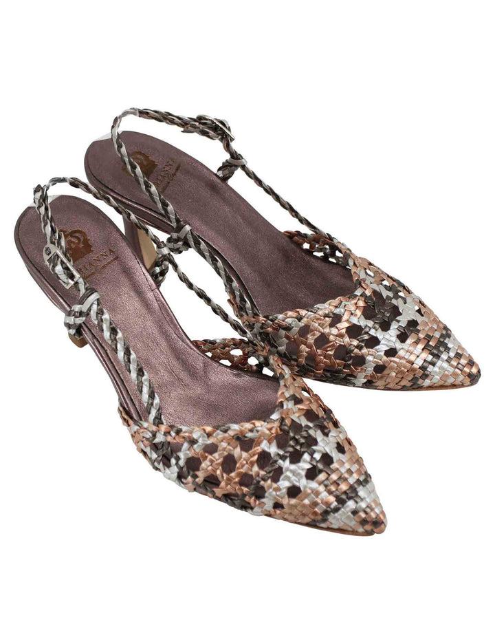 Spatarella Decollete slingback donna in pelle intrecciata taupe laminata con tacco alto Bestseller