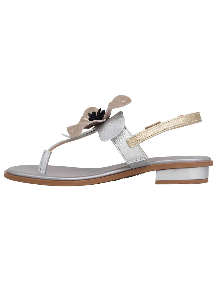 Spatarella Sandali infradito flat donna in pelle argento con fiore Liquidazione