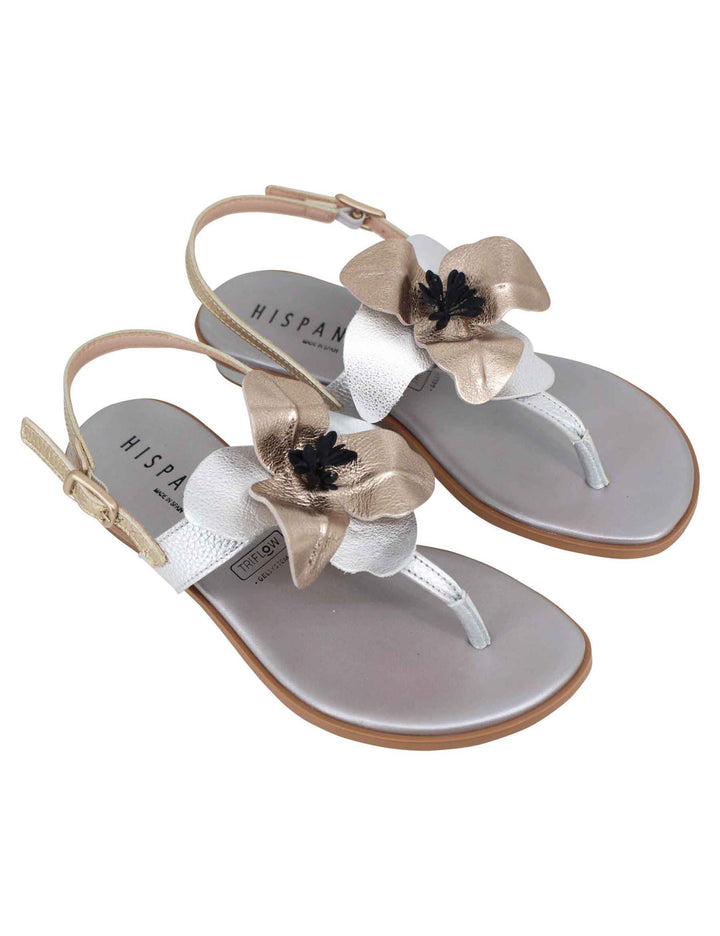 Spatarella Sandali infradito flat donna in pelle argento con fiore Liquidazione