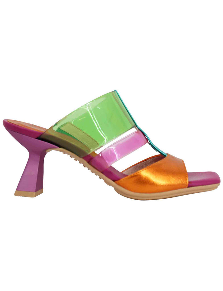 Spatarella Sandali donna in pelle laminata fuxia e multicolore con punta quadra Prezzo basso