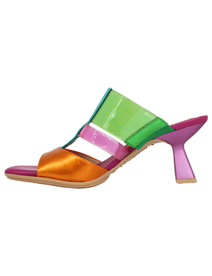 Spatarella Sandali donna in pelle laminata fuxia e multicolore con punta quadra Prezzo basso