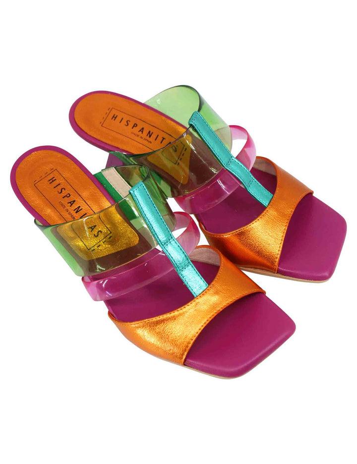 Spatarella Sandali donna in pelle laminata fuxia e multicolore con punta quadra Prezzo basso