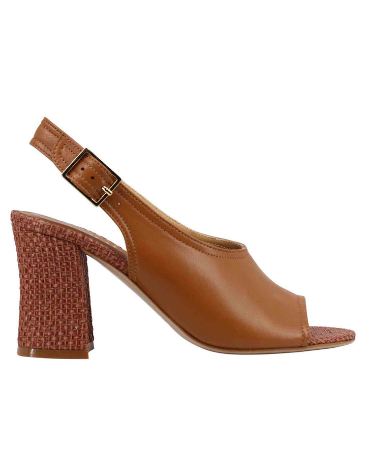 Spatarella Sandali slingback donna in pelle cuoio con tacco alto rivestito in rafia Economico