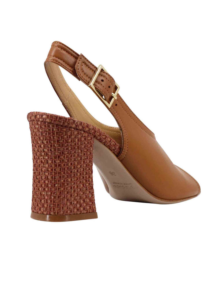 Spatarella Sandali slingback donna in pelle cuoio con tacco alto rivestito in rafia Economico