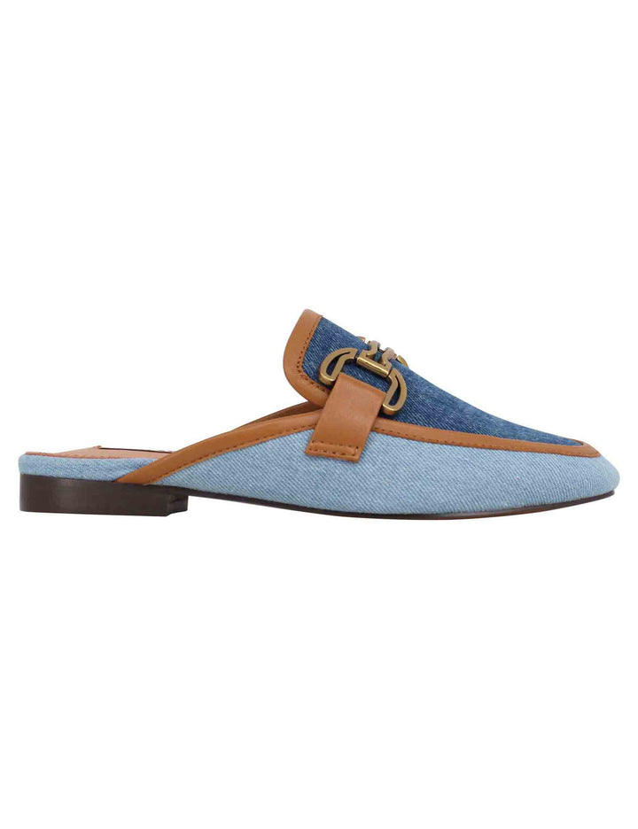 Spatarella Sabot donna in canvas blu con morsetto brunito e tacco basso Vela Saldi Di Fabbrica