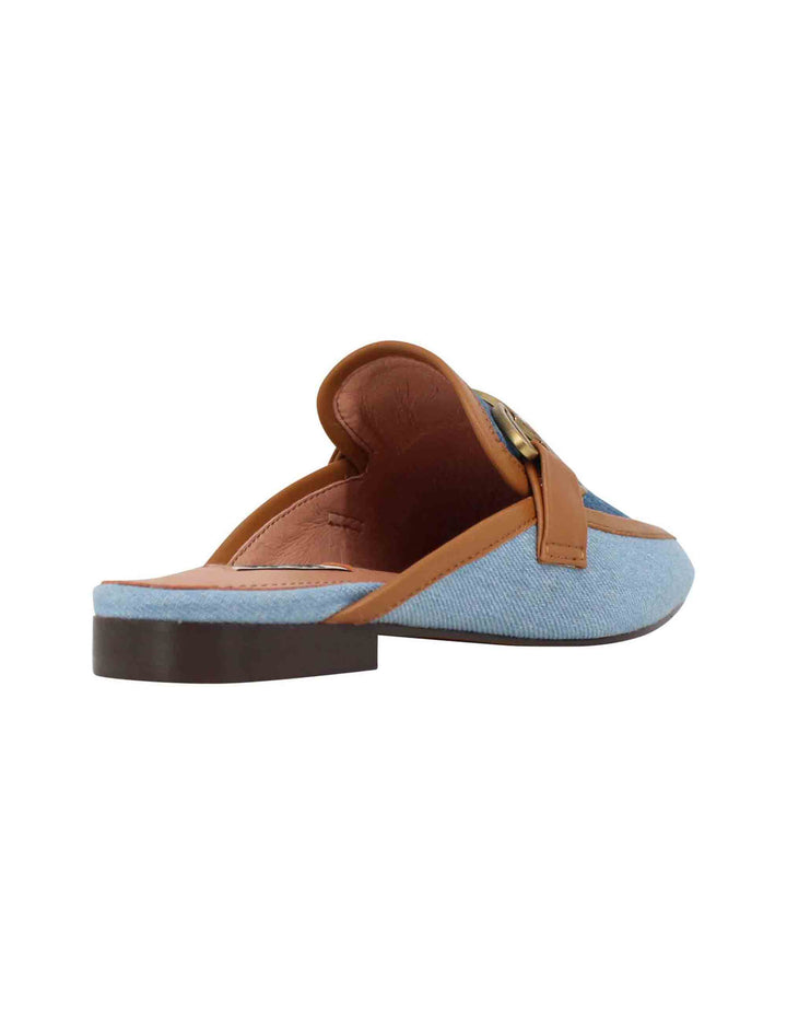 Spatarella Sabot donna in canvas blu con morsetto brunito e tacco basso Vela Saldi Di Fabbrica