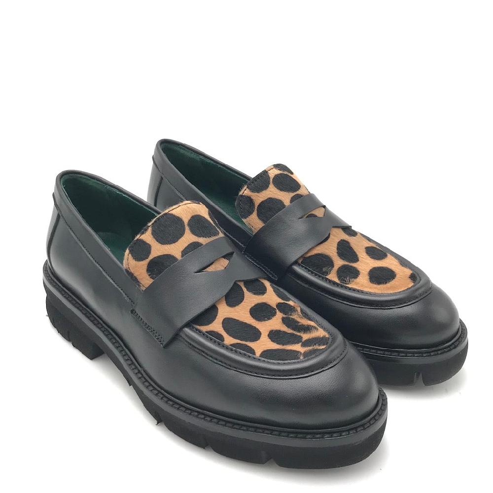Zulian Calzature Mocassino nero cavallino animalier Saldi Di Fabbrica
