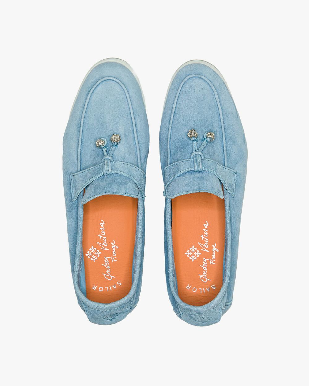 Andrea ventura Mocassino senza lacci con charms color argento Aq-D BEACH-CHARMS1 in suede color azzurro 2025